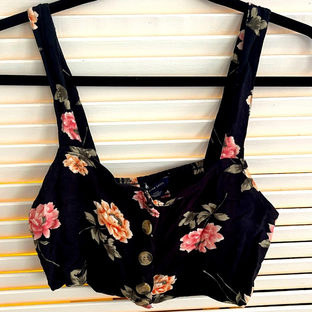 American eagle black floral crop top with front buttons